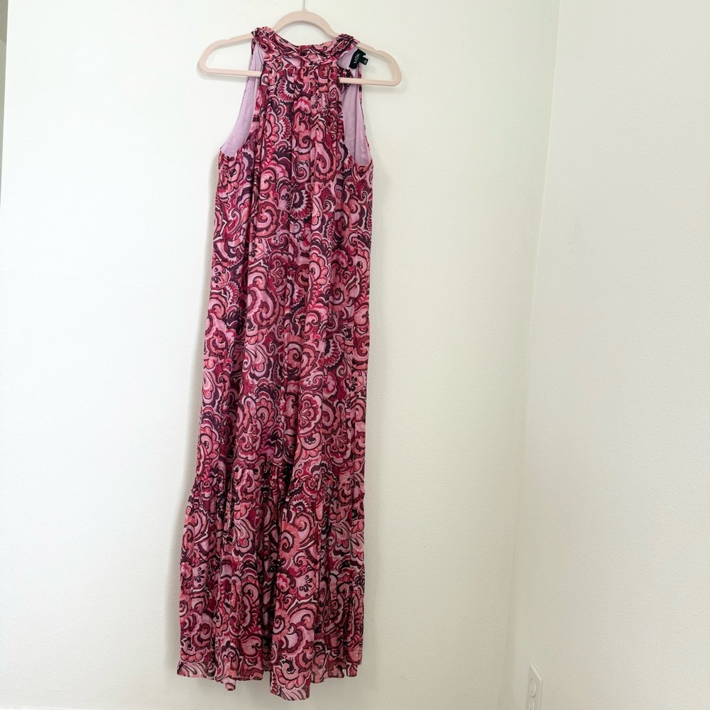 MFK  Floral Printed Halter Tie Back Sleeveless Maxi Dress Tiered Skirt Sz L